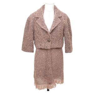 CHANEL Jacket Scarf Blazer Cropped 2pc Pink Black Mohair 3/4 Sleeve 40 2014 14B